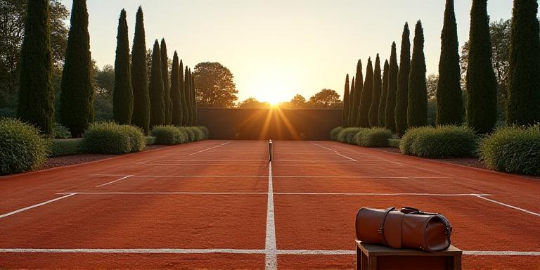 Campo da tennis in terra battuta al tramonto